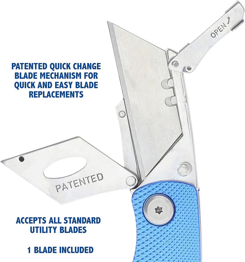 Sheffield 12514 Folding Utility Knife 3 Pack,Stocking Stuffers, Gifts for Men, Dad Gifts, Quick Change Utility Knife Blades, Compact Aluminum Handle, Box Cutter, Razor Blades Included - Image 4
